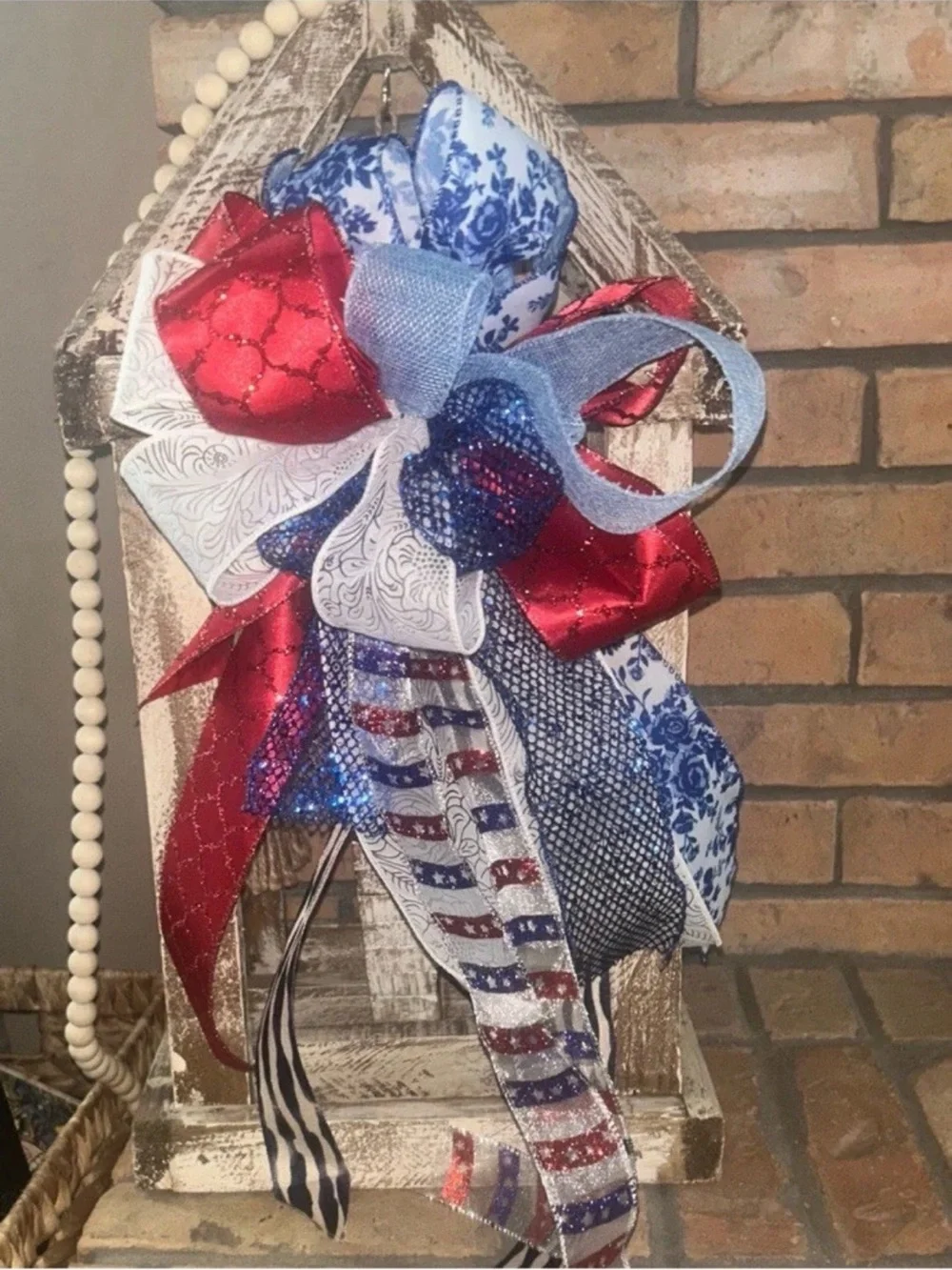 Patriotic Red, White & Blue Holiday Bow - Home Holiday Decoration